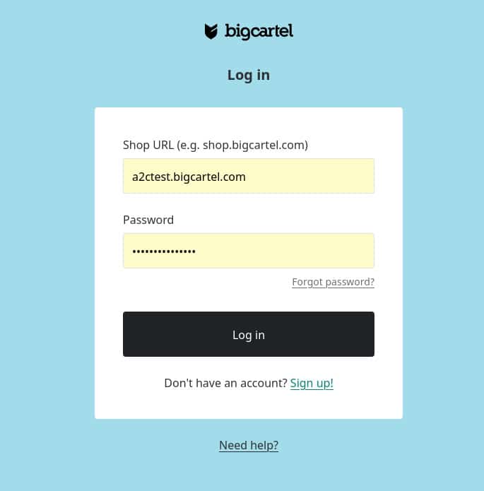 Big Cartel password example