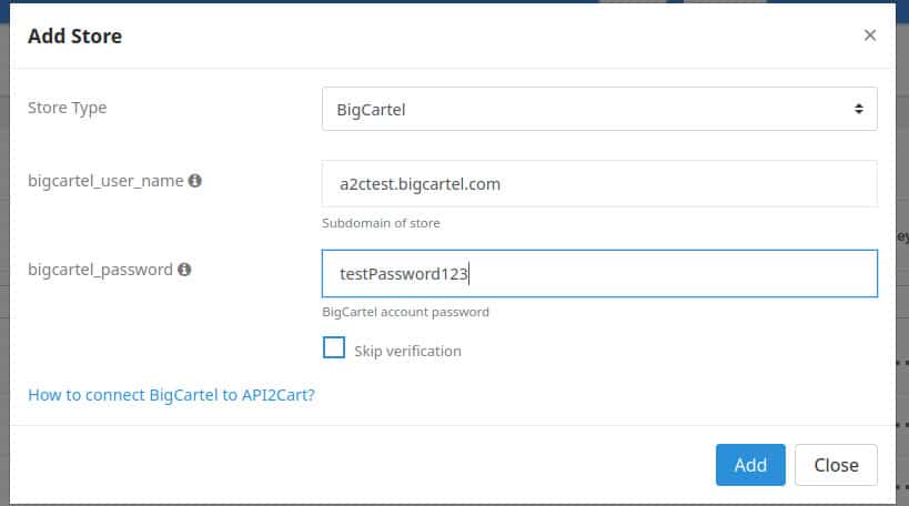 Connect BigCartel store via API2Cart