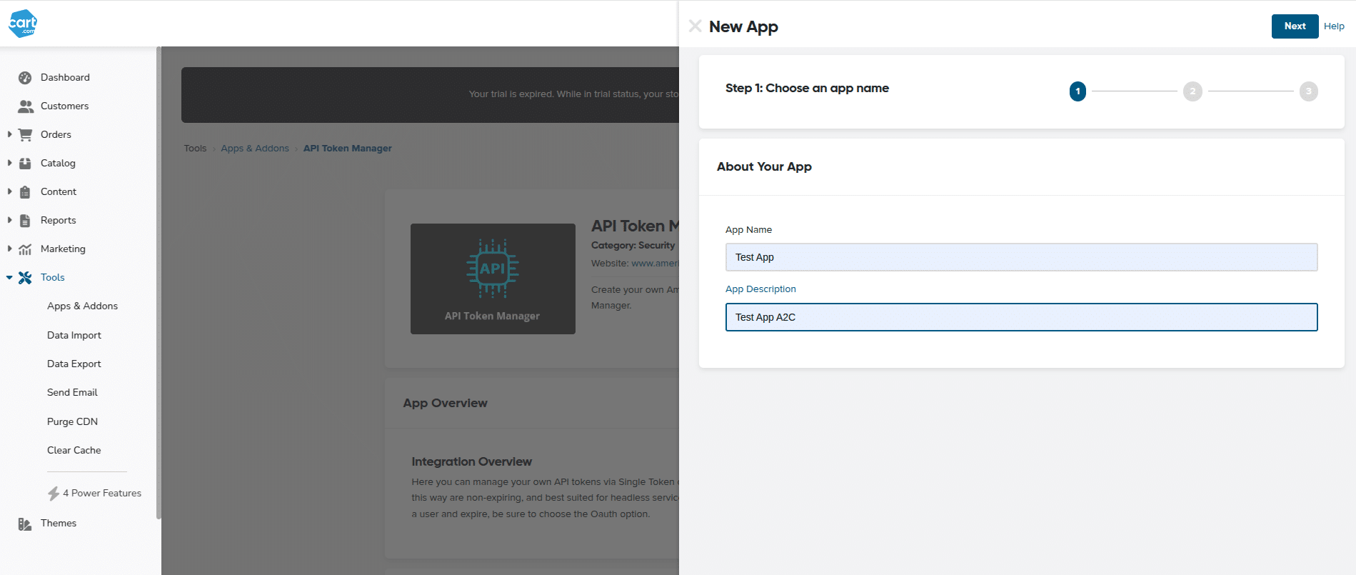 How to connect AmeriCommerce to API2Cart. App name and description