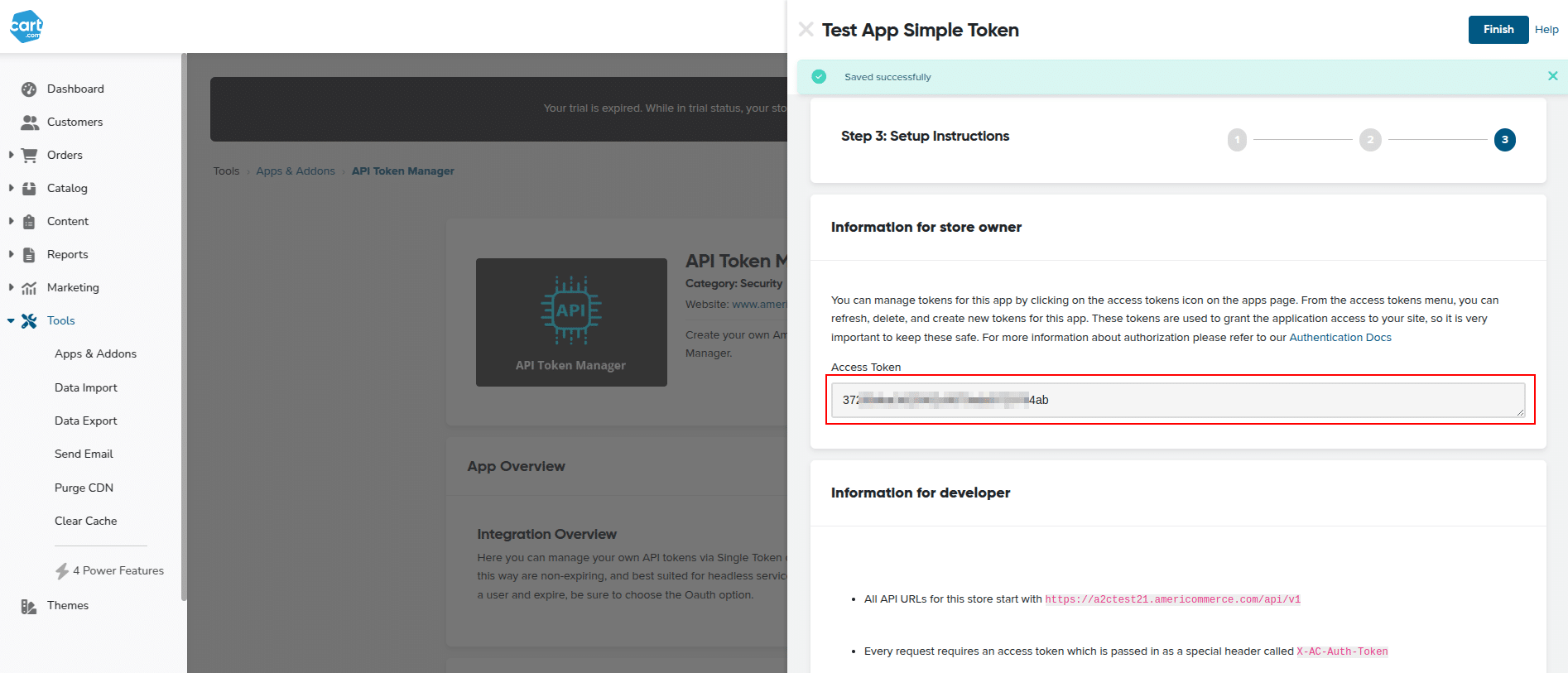 How to connect AmeriCommerce to API2Cart. Access Token generated