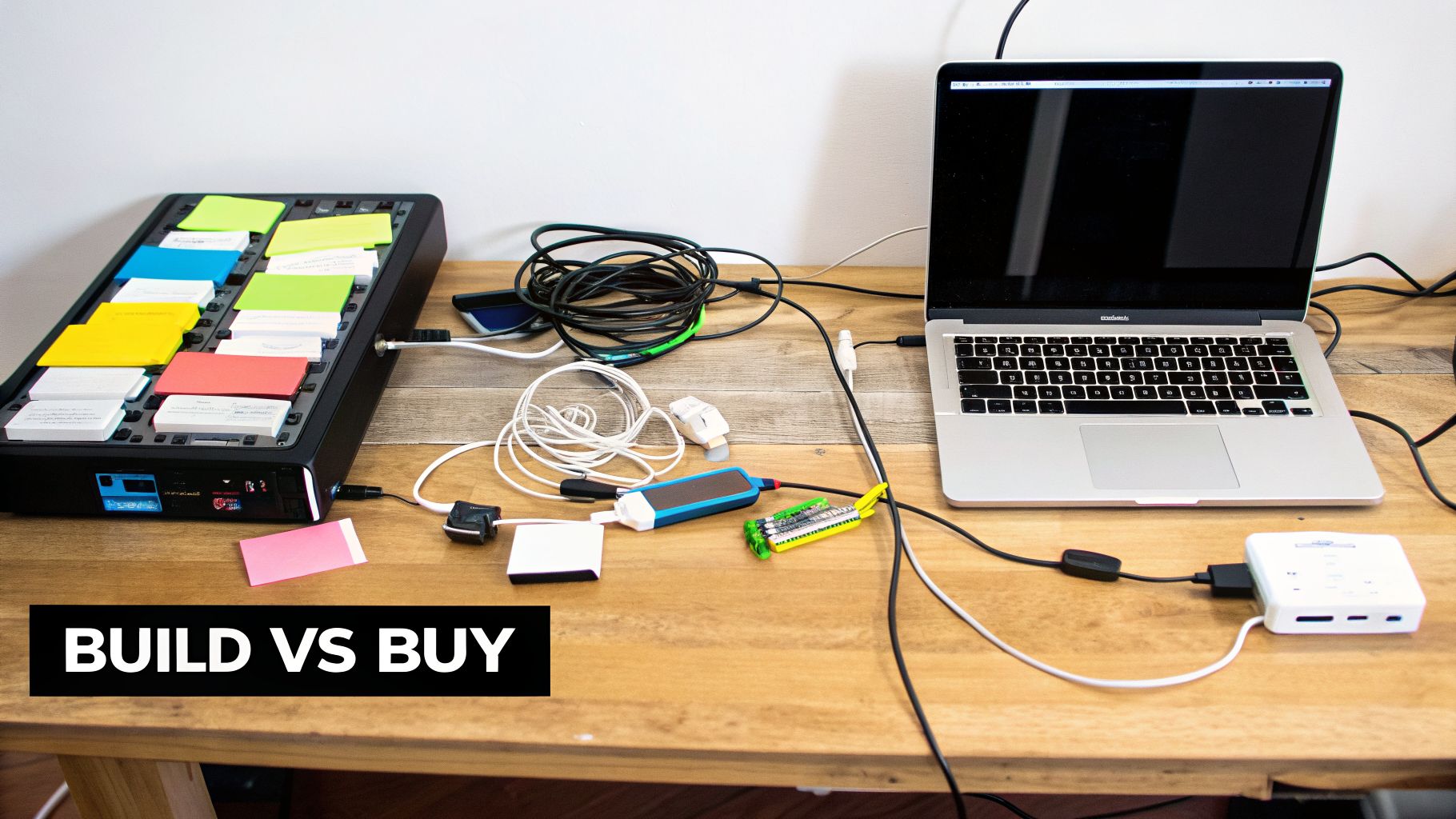 A cluttered wooden desk with a laptop, cables, and various electronic devices, suggesting a tech workspace.
