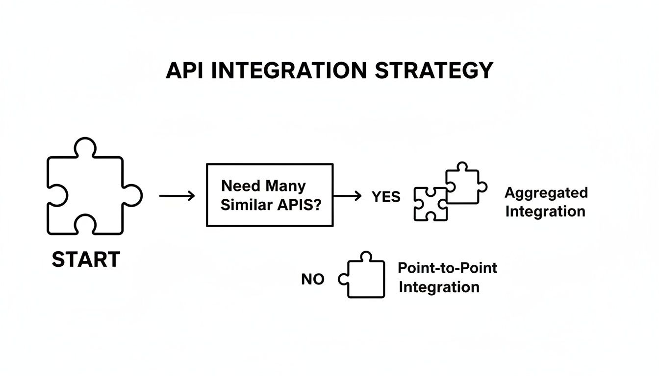 Flowchart outlining API integration strategies: aggregated for many similar APIs, or point-to-point.