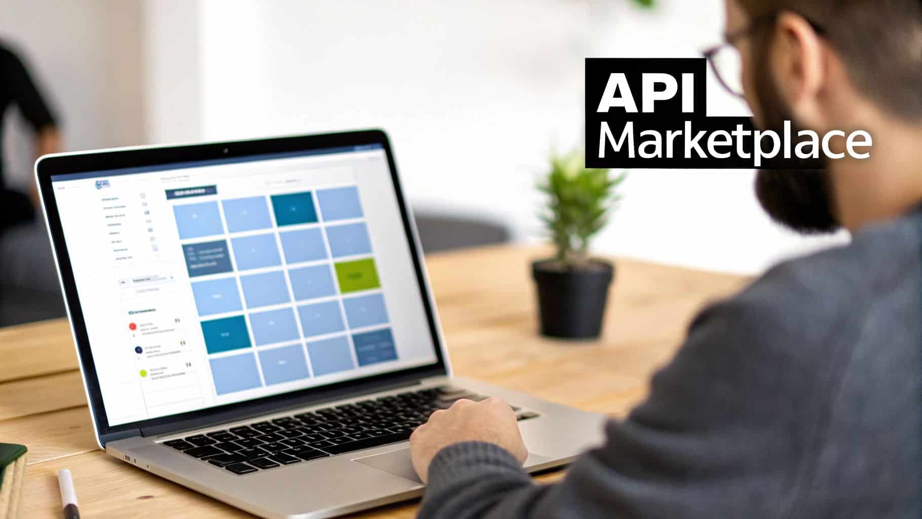 A man with glasses works on a laptop showing an API marketplace interface on a wooden desk.