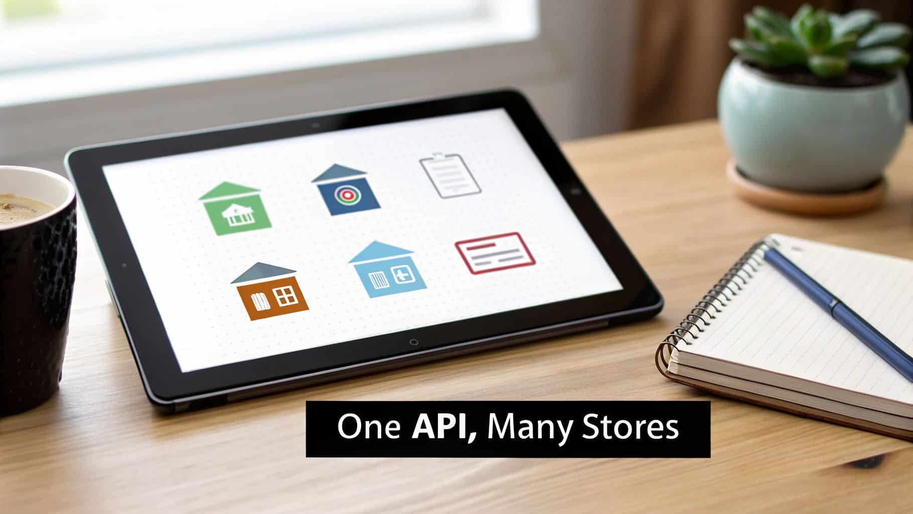 A tablet displays house-like store icons with 'One API, Many Stores' text on a wooden desk.
