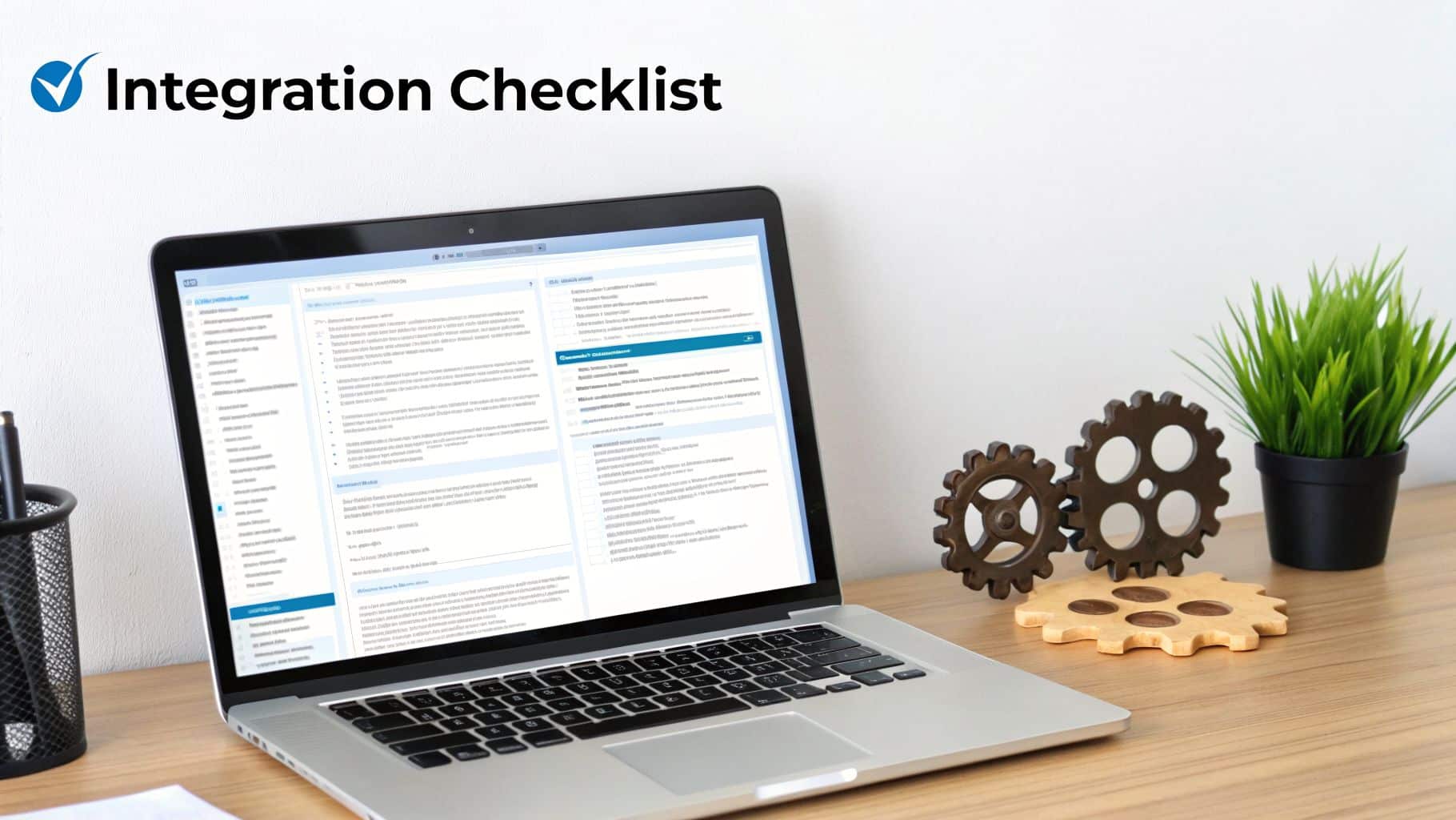 A laptop screen displays an 'Integration Checklist' next to decorative gears and a green plant.