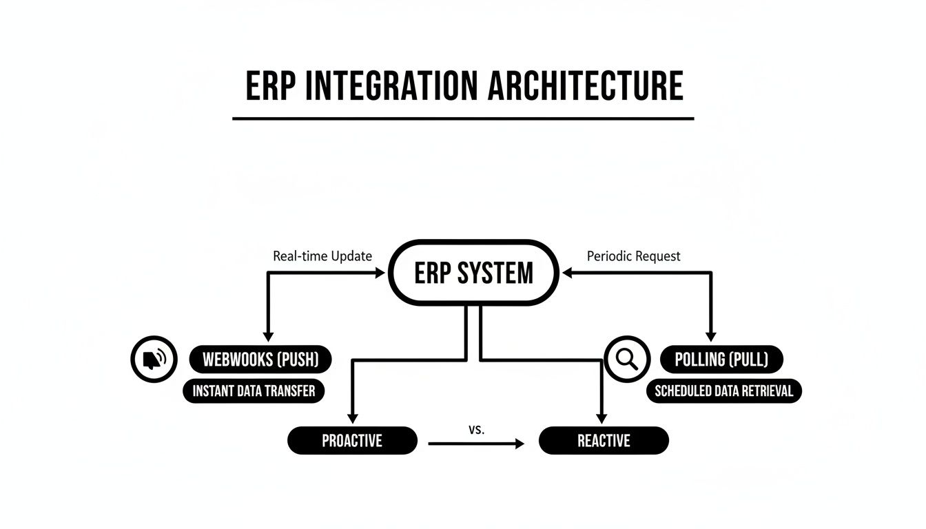 Diagram illustrating ERP integration architecture with real-time webhooks (push) and periodic polling (pull) methods.
