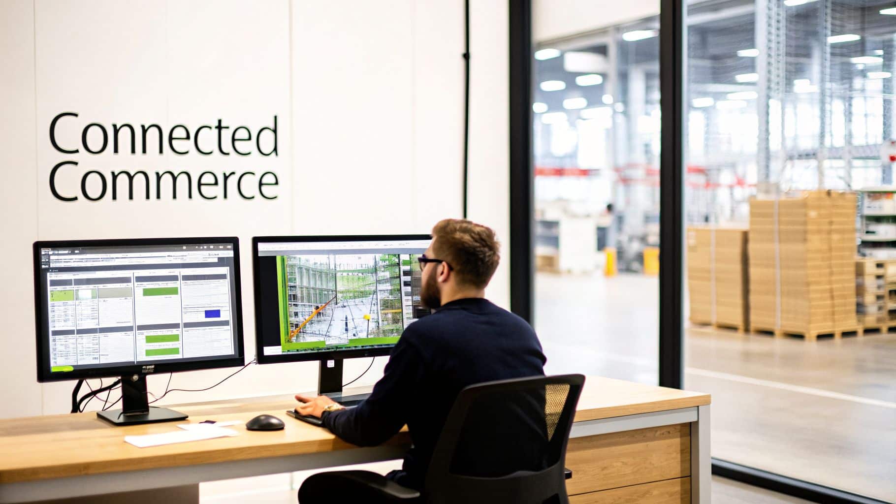 A person works on two computer monitors displaying data, with 'Connected Commerce' on the wall and a warehouse behind.