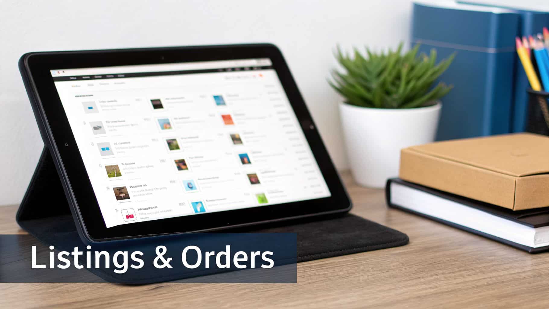 A tablet displaying product listings and orders on a wooden desk with office supplies.