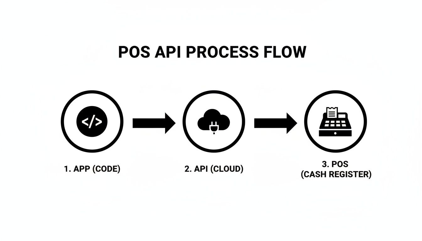 A diagram illustrating the POS API process flow from application code to cloud API and the cash register.