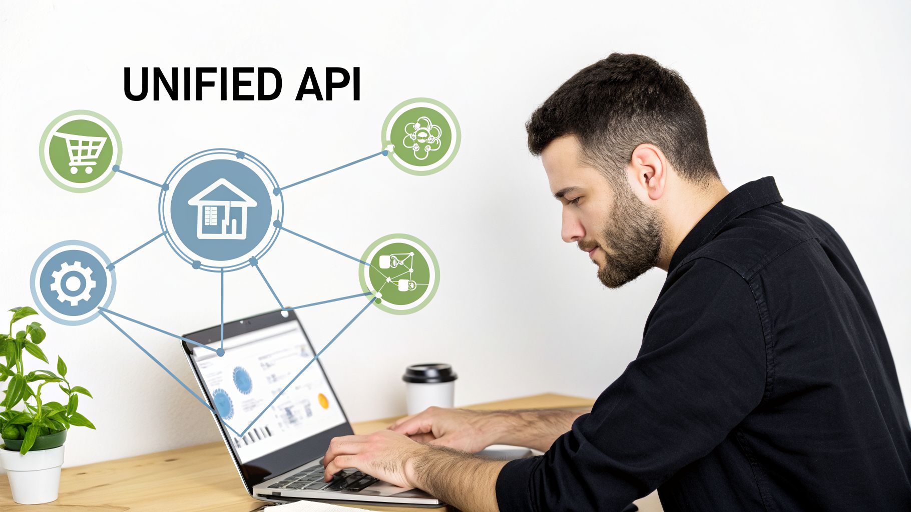 Young man using laptop with a 'Unified API' diagram connecting various service icons.
