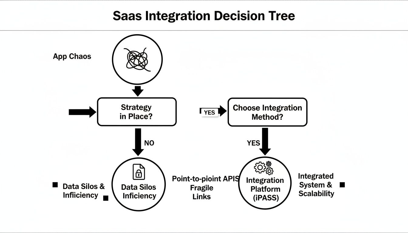 A SaaS integration decision tree flowchart showing paths from app chaos to integration strategy and method selection.