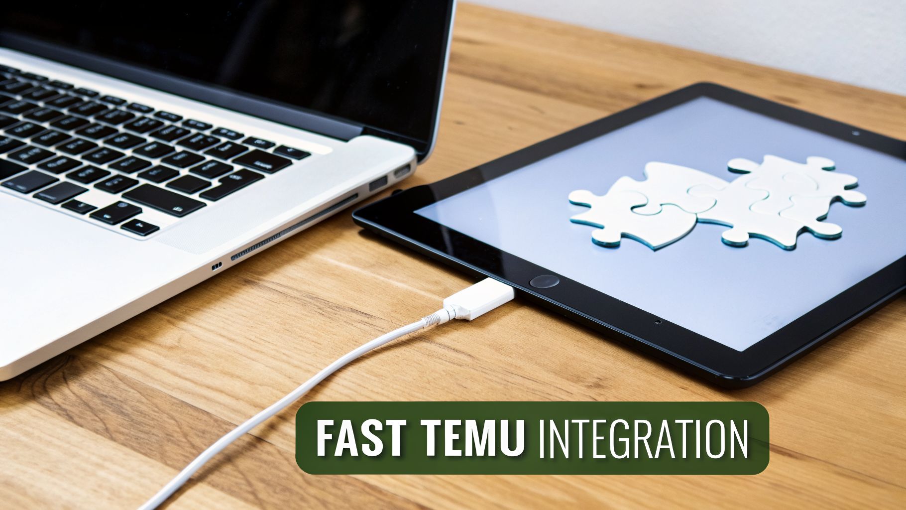 A laptop and a tablet connected by a cable, with puzzle pieces on the tablet screen and 'FAST TEMU INTEGRATION' text.