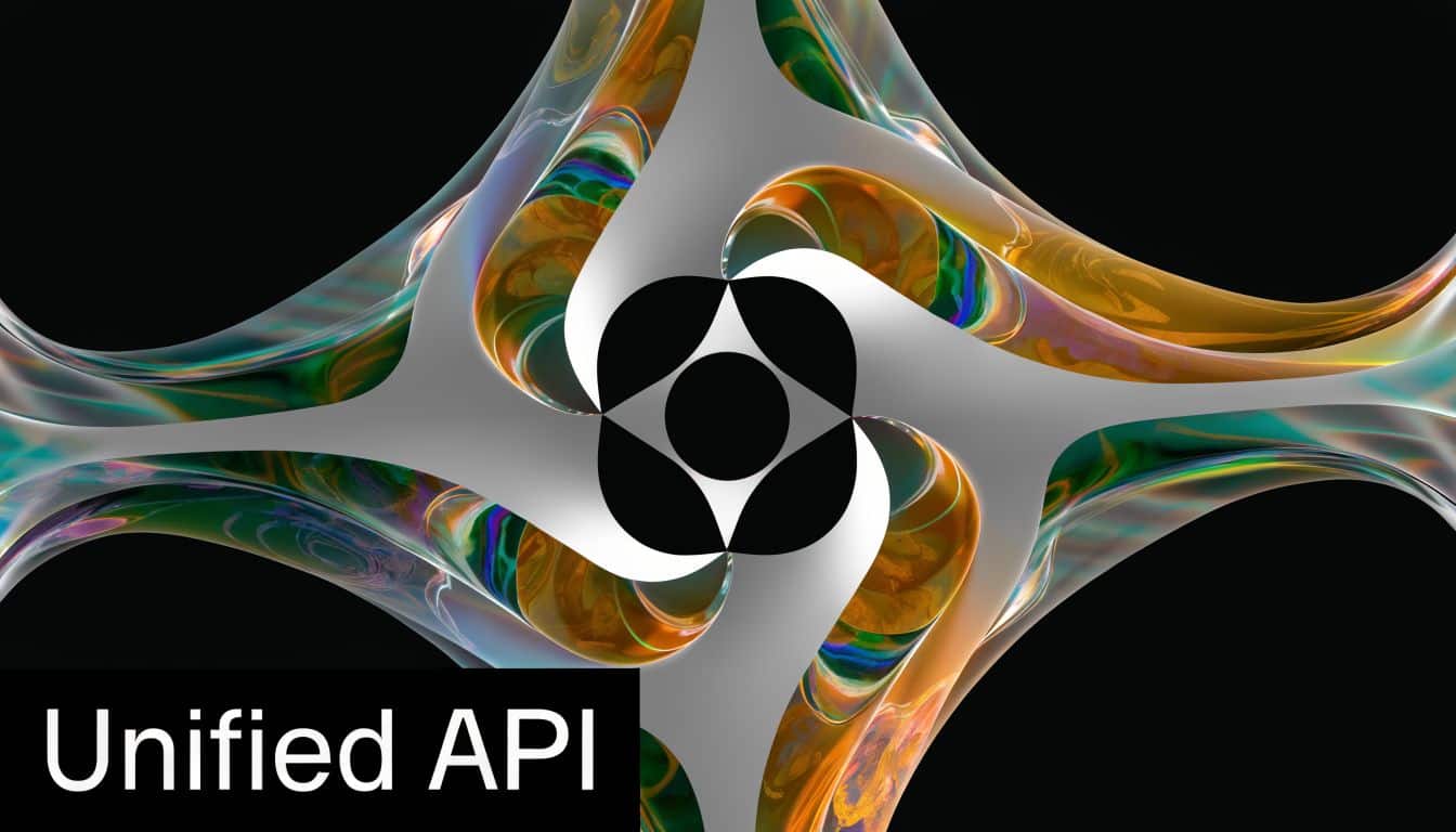 A modern, abstract graphic featuring metallic, flowing shapes surrounding a central geometric black icon with white text overlay.