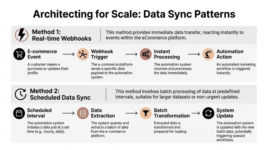 A diagram comparing real-time webhooks and scheduled data sync methods for e-commerce marketing automation systems.