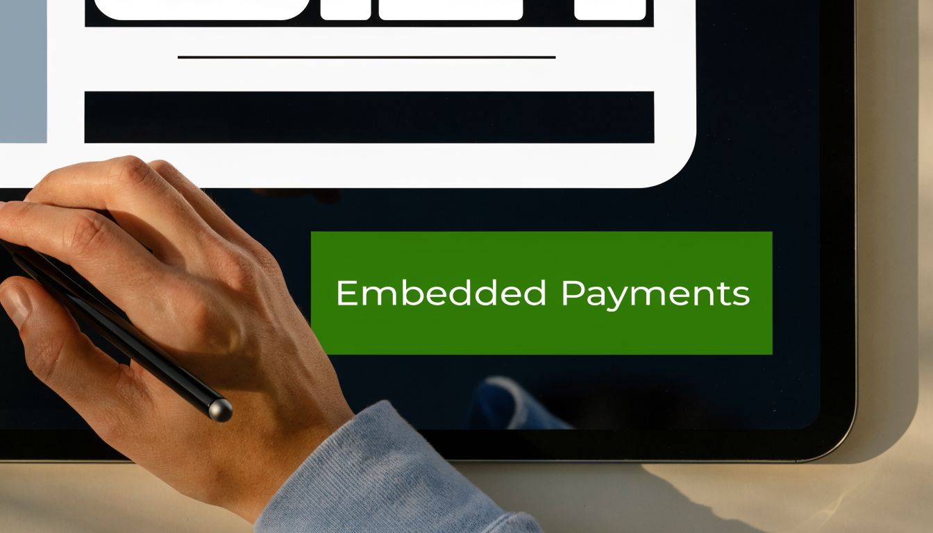 A close-up view of a person using a stylus on a tablet screen displaying embedded payments.