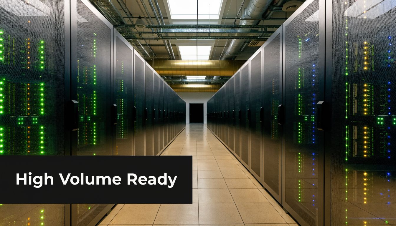 A modern data center aisle lined with server racks featuring glowing green and blue status lights.