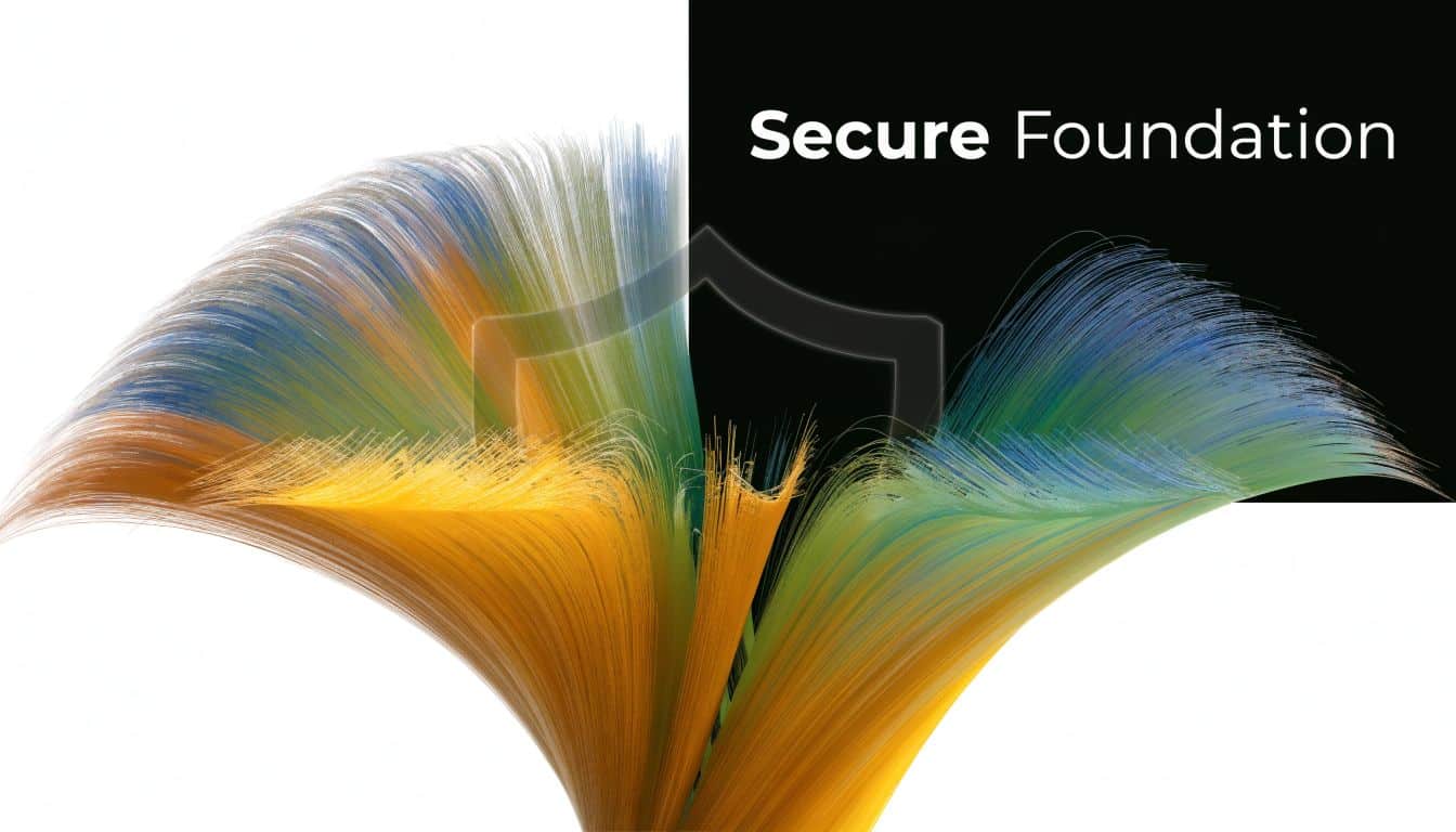 A digital graphic of colorful fiber optic strands forming a abstract shape with Secure Foundation text overlay.