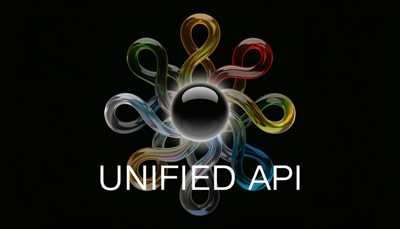 A glossy, colorful abstract circular design surrounding a central black sphere with the text UNIFIED API below.