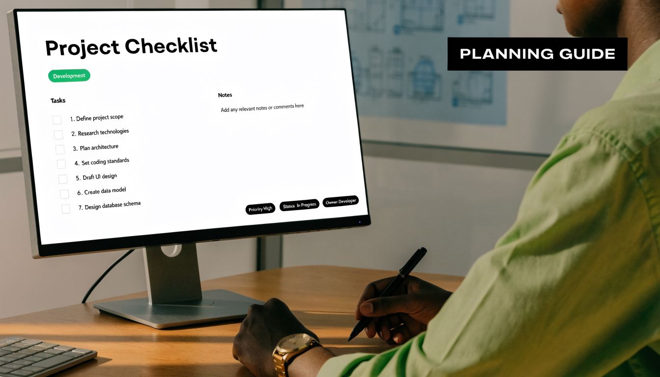 A person writing notes at a desk while looking at a digital project checklist on a computer.