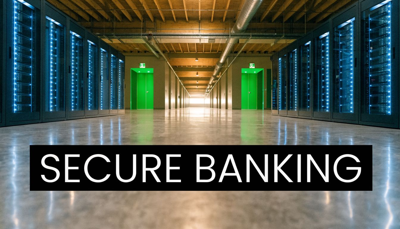 A modern server room with rows of racks illuminated by blue lights and bright green exit doors.