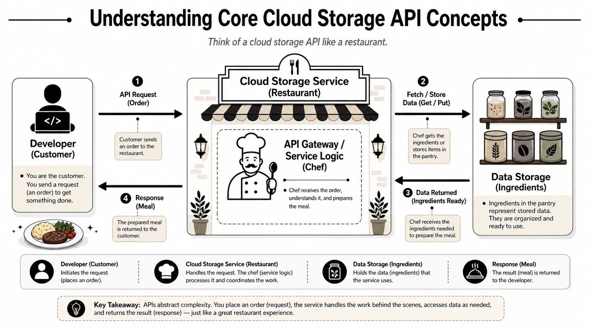 An infographic explaining cloud storage API concepts by using a restaurant analogy for requests and data.