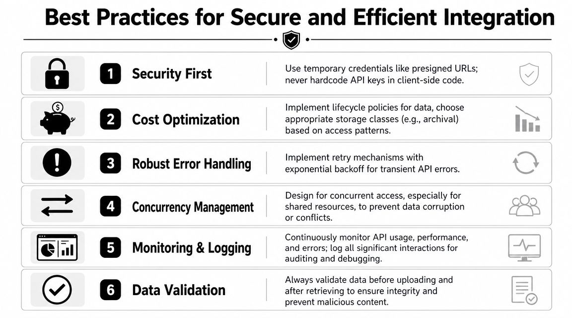 A structured infographic illustrating six essential best practices for secure and efficient cloud integration and API management.