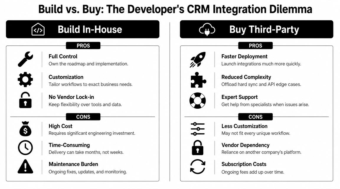 A comparison chart outlining the pros and cons of building versus buying CRM integration services for developers.