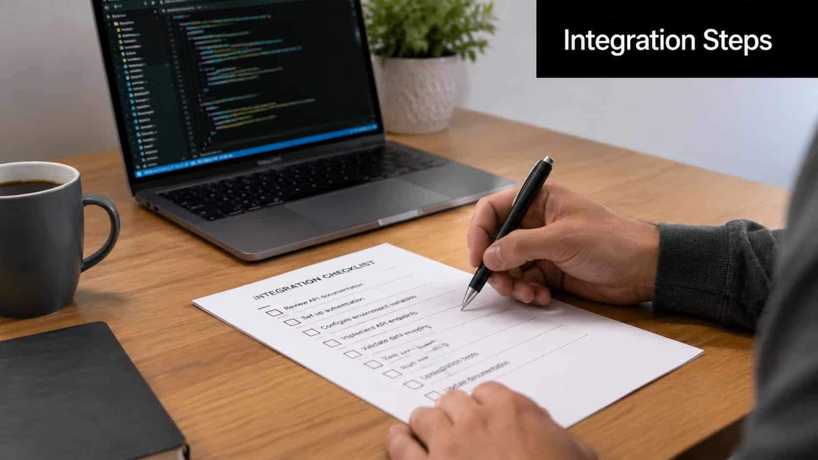 A developer working at a desk, checking off items on an integration checklist while coding on a laptop.