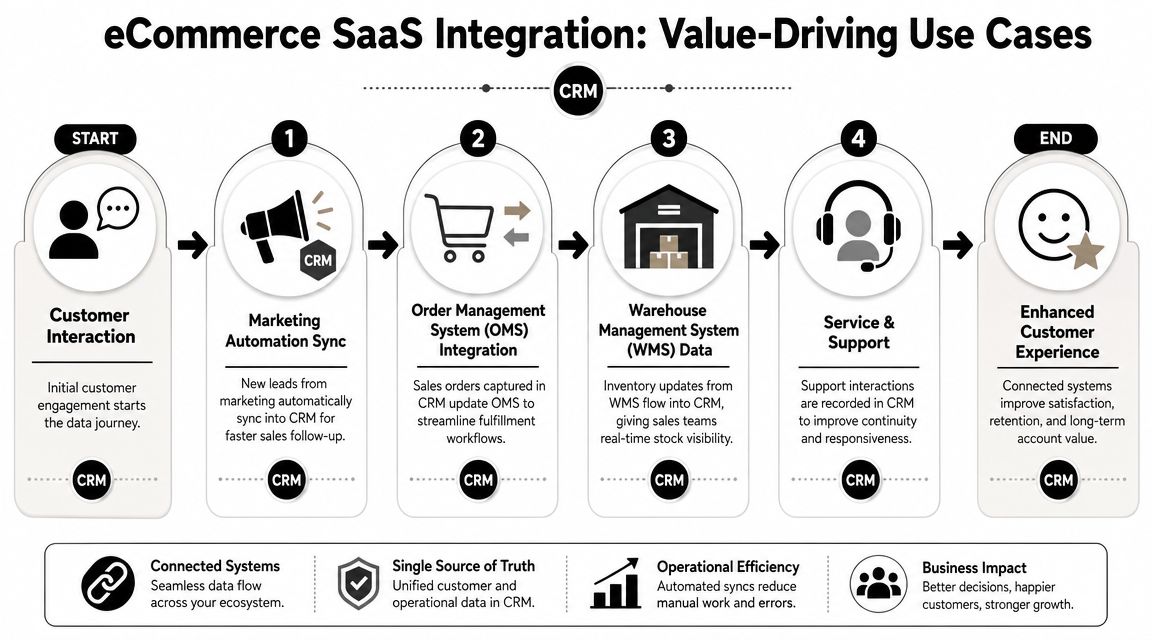 A flowchart showing the value-driving use cases of CRM integration for eCommerce SaaS business processes.