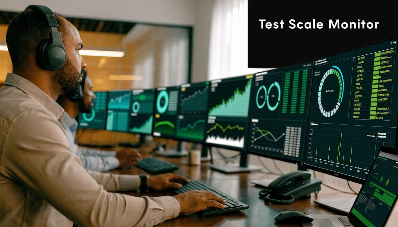 A professional working at a workstation with multiple monitors displaying complex data analytics and performance charts.