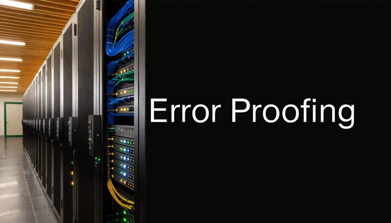 A modern data center server room with rows of equipment racks and text overlay Error Proofing.