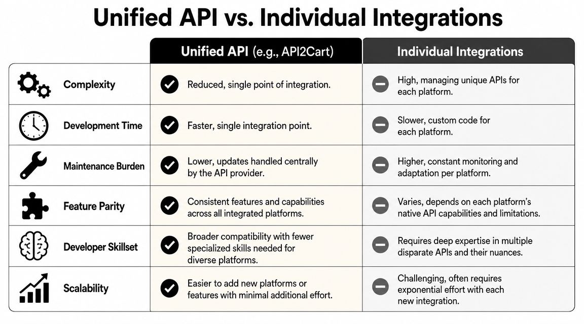 A comparison table outlining the benefits of using a unified API versus individual integrations for software developers.