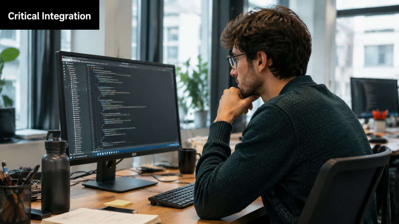 A young software developer focused on coding on his computer at a modern wooden office desk.