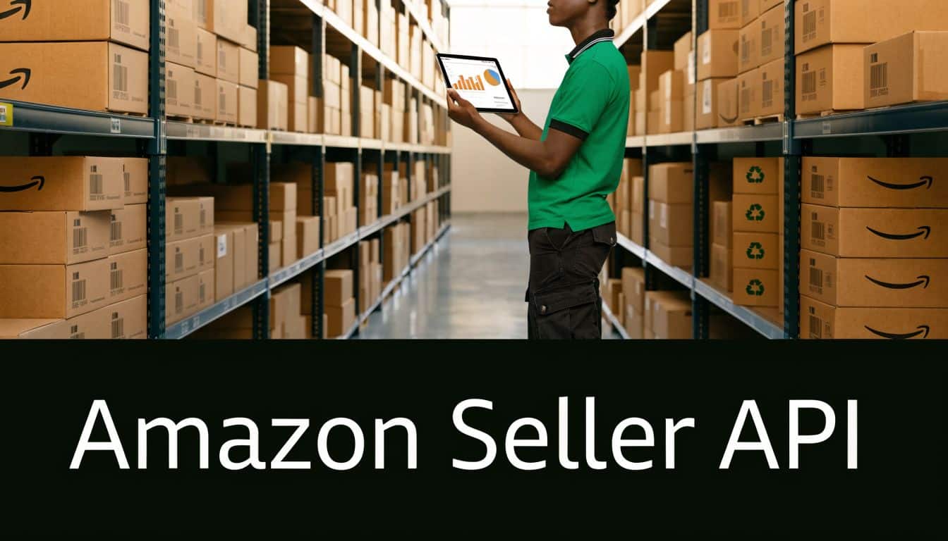 A warehouse worker holding a tablet displaying data charts in front of shelves filled with Amazon boxes.