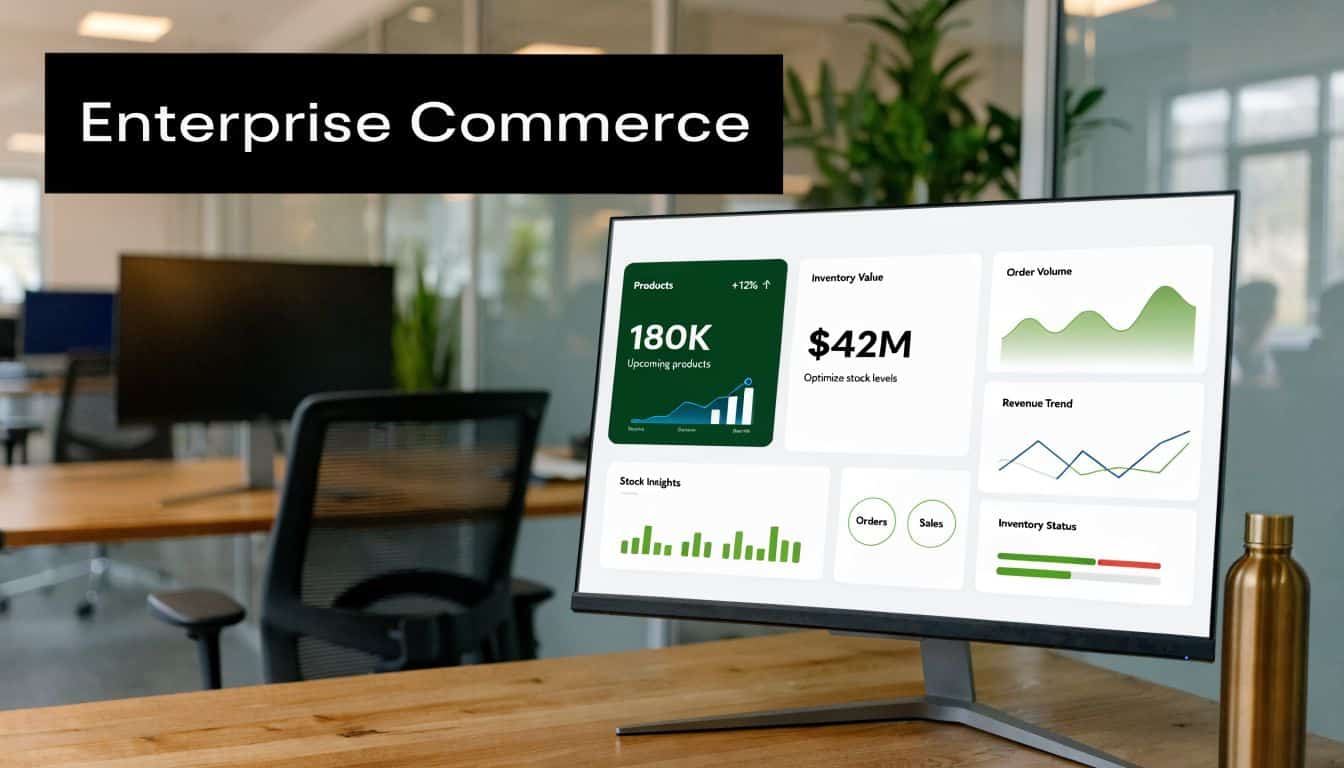 A computer monitor displaying an enterprise commerce dashboard with various business data metrics and graphs.