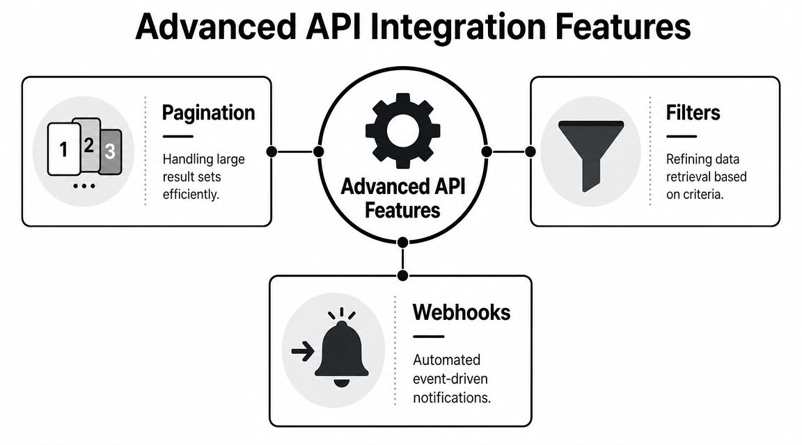 A diagram illustrating advanced API integration features including pagination, filters, and webhooks in a central hub.