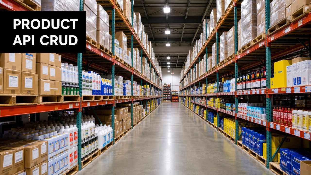 Wide perspective of a large, orderly industrial warehouse with high shelving racks filled with many packaged products.