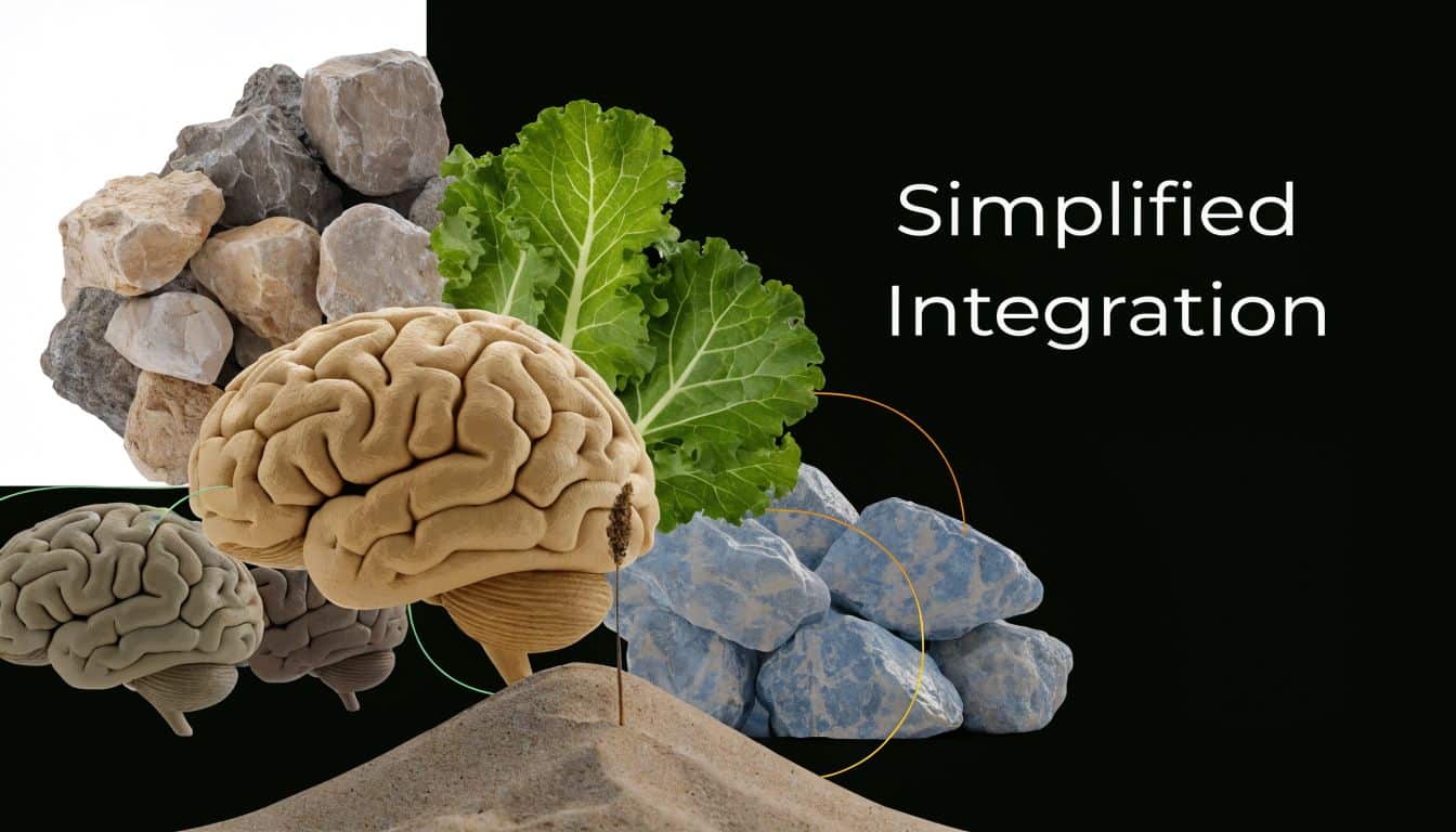 A conceptual image featuring human brain models, stones, and a leafy green plant on sand.