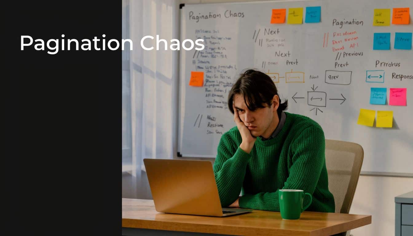 A frustrated developer sitting at a desk with a laptop, looking at a whiteboard covered in pagination notes.