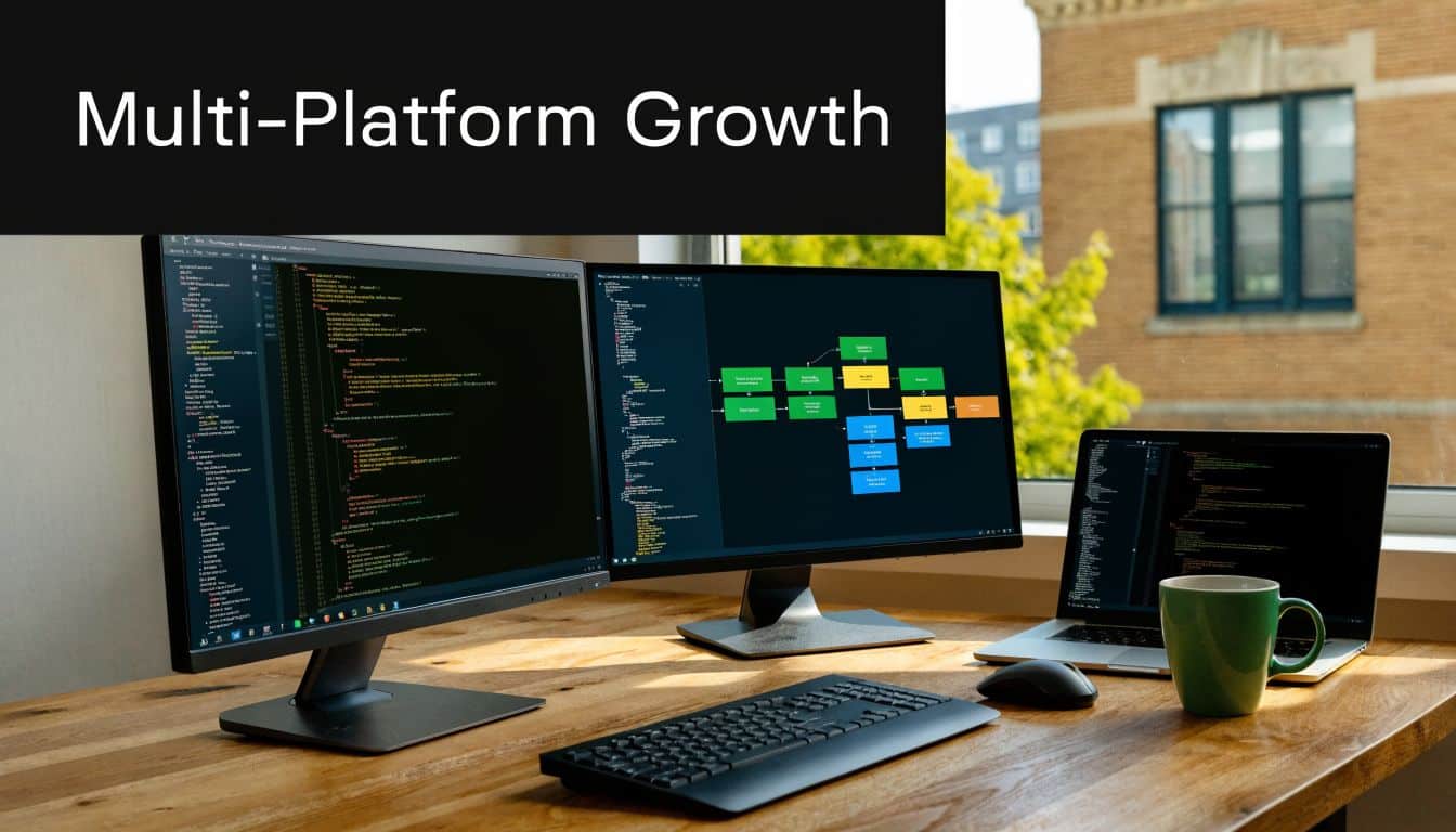 A modern software development workspace with multiple computer screens displaying code and project flowcharts on a desk.