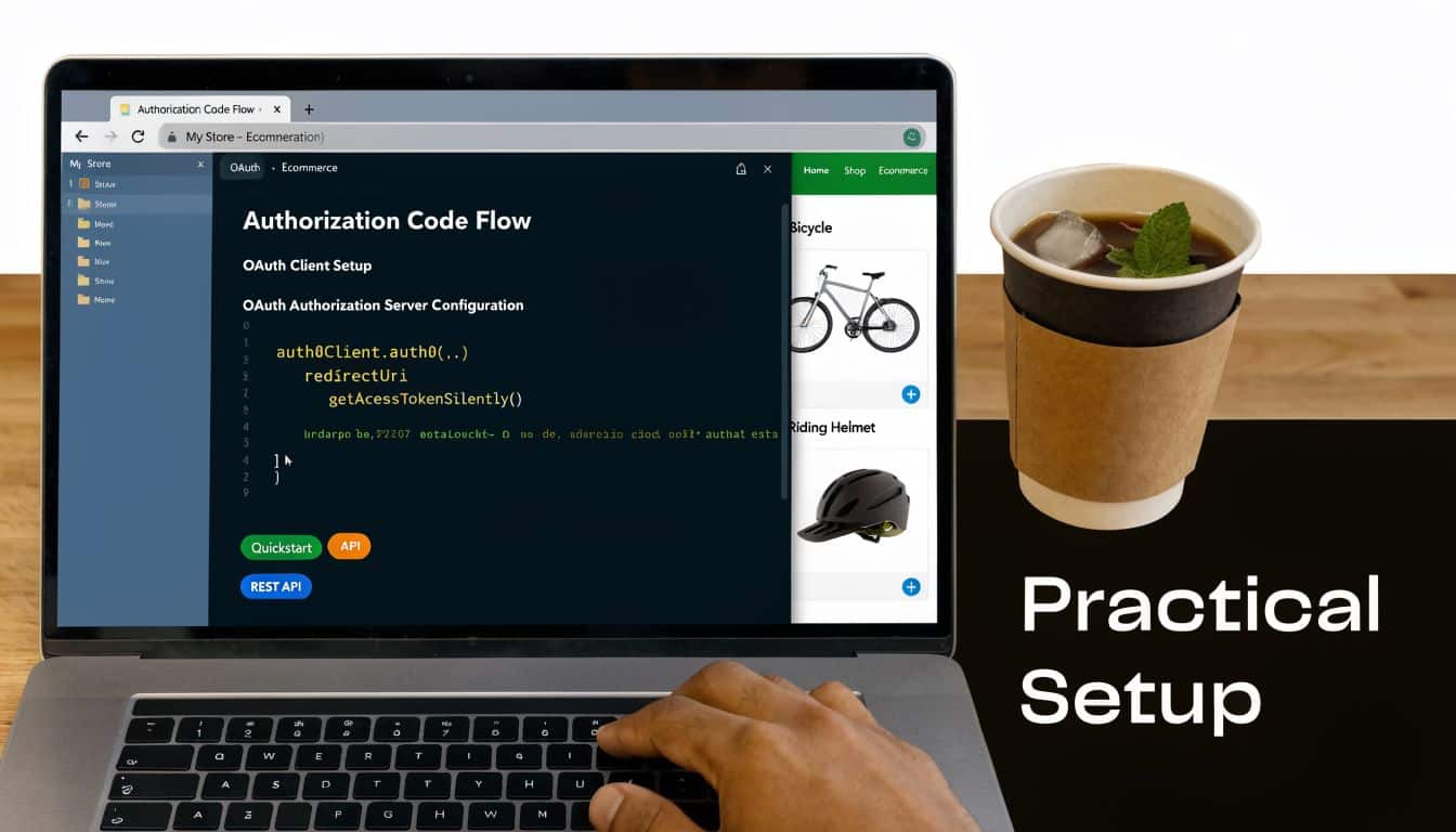 A person using a laptop to configure OAuth settings for an e-commerce website with coffee nearby.