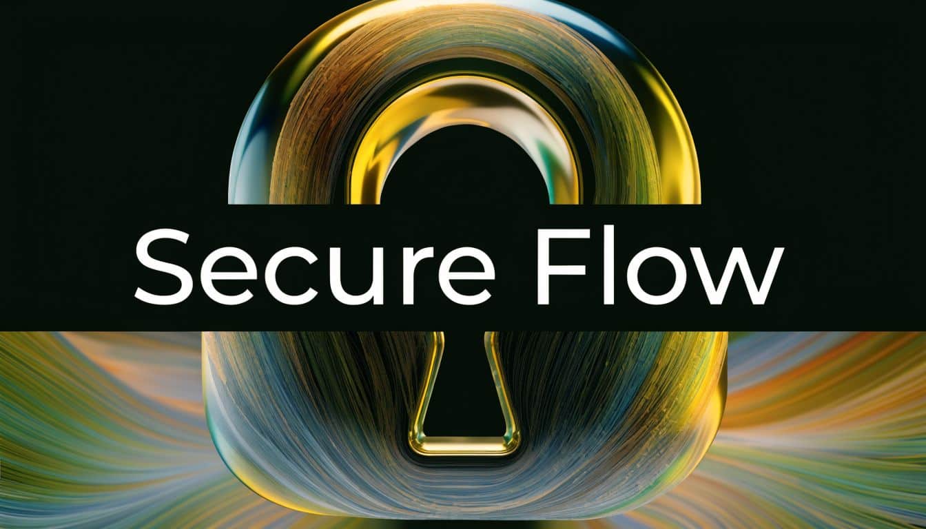 A golden metallic padlock symbol representing digital security with the text Secure Flow overlaid on it.