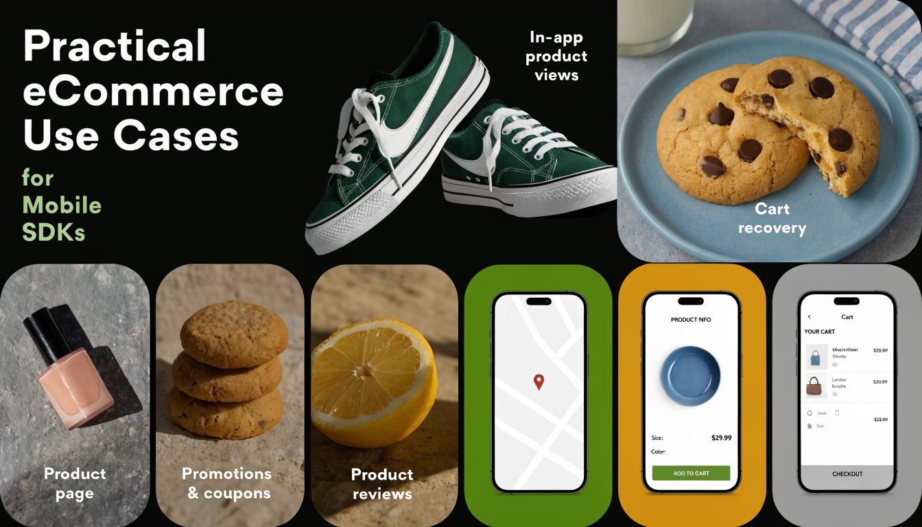 An infographic illustrating various practical eCommerce use cases for mobile SDKs, including product views and cart recovery.