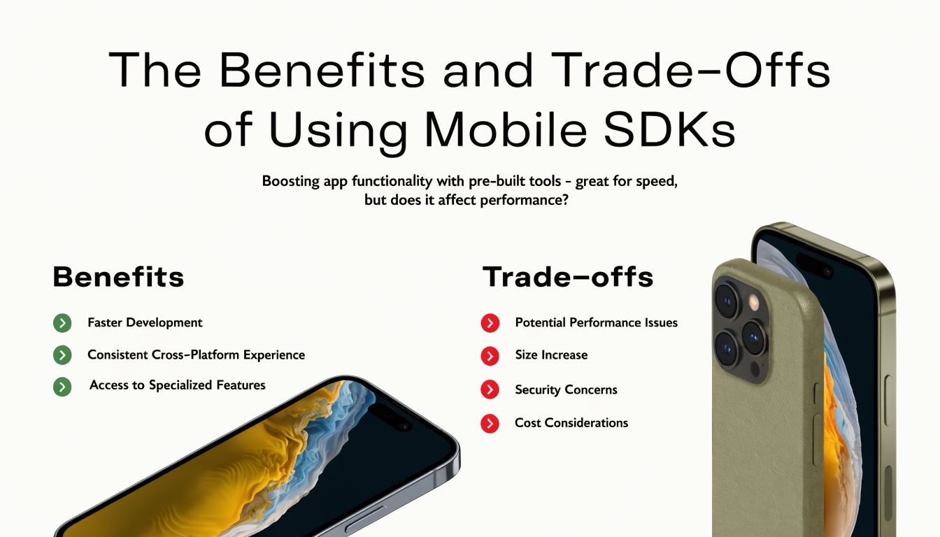 A graphic highlighting the benefits and trade-offs of using mobile software development kits (SDKs) in app development.