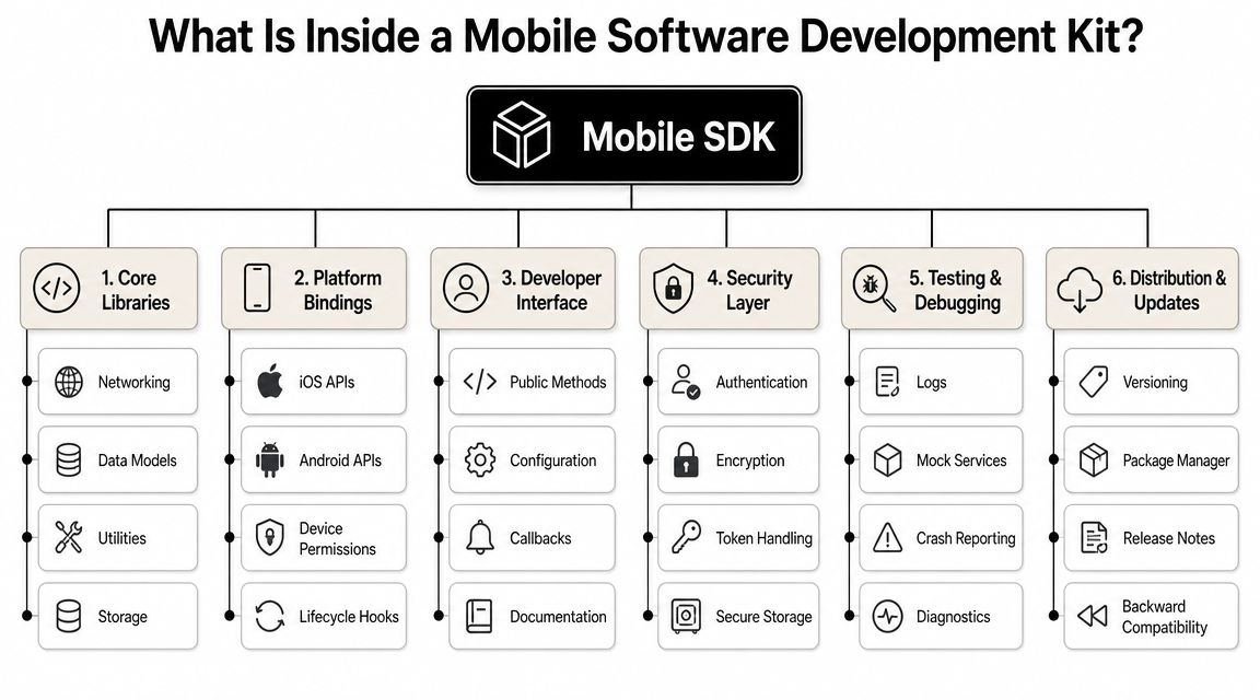 A diagram illustrating the six key components of a mobile software development kit, including libraries and security.