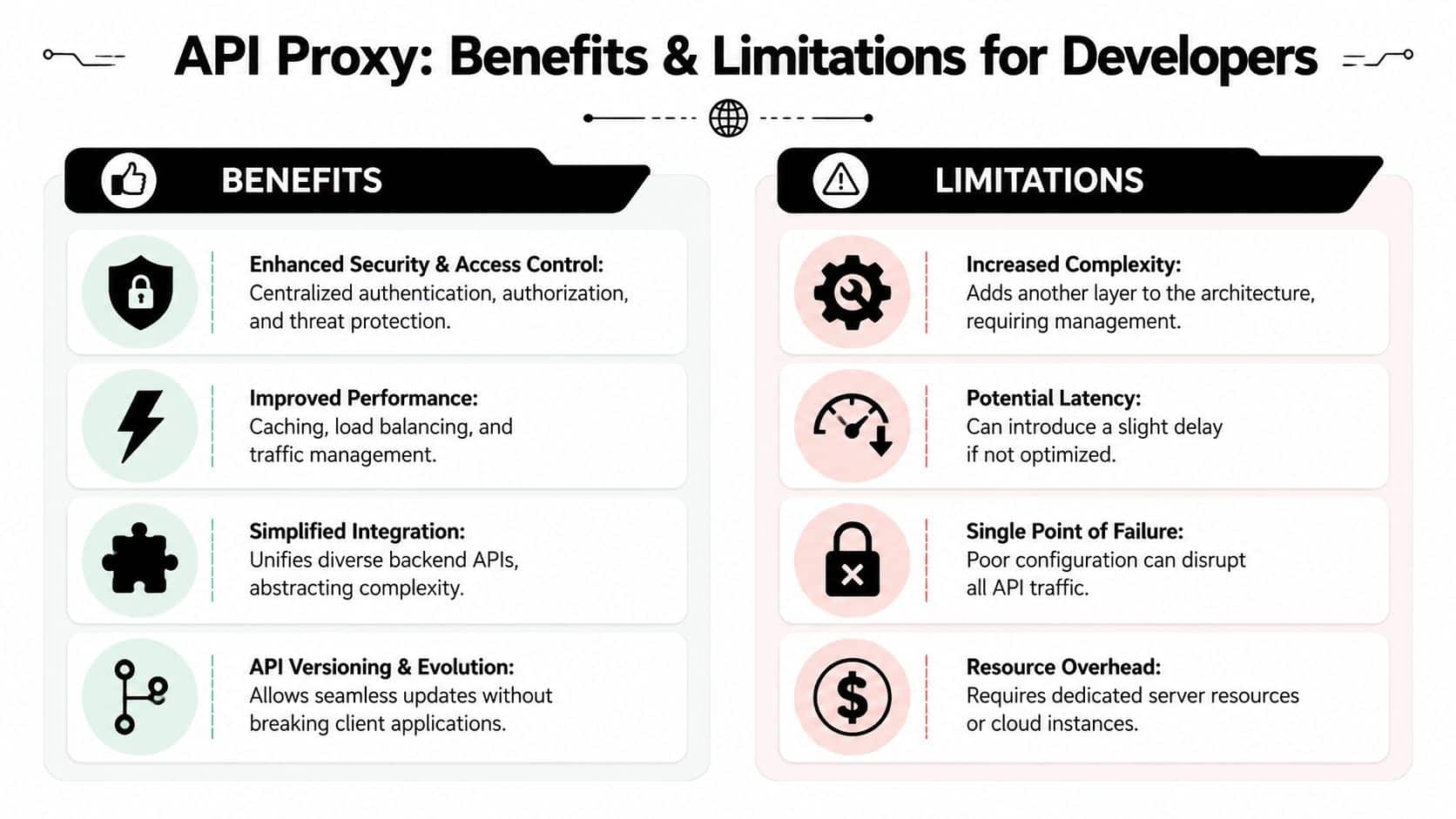 An infographic titled API Proxy: Benefits & Limitations for Developers listing key pros and cons of proxies.