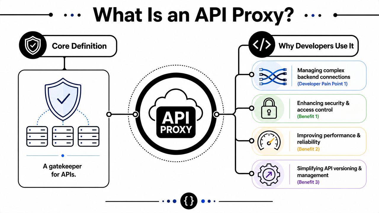A diagram explaining that an API proxy serves as a protective gatekeeper for managing backend API services.