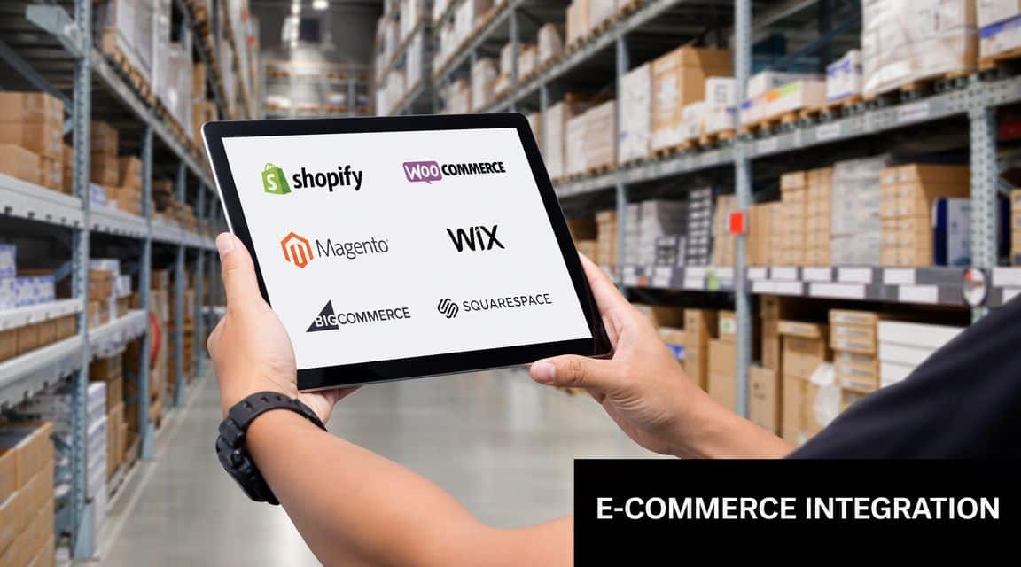 A person holding a tablet displaying various e-commerce platform logos inside a warehouse facility.