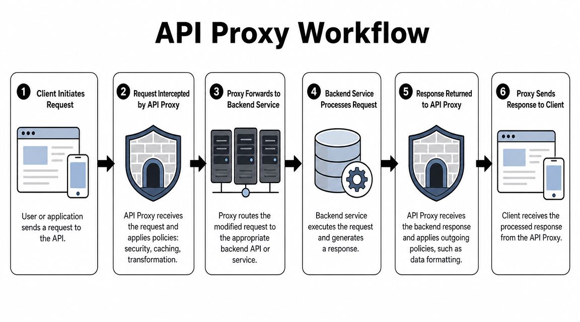 A diagram illustrating the six steps of the API proxy workflow from client request to final response.
