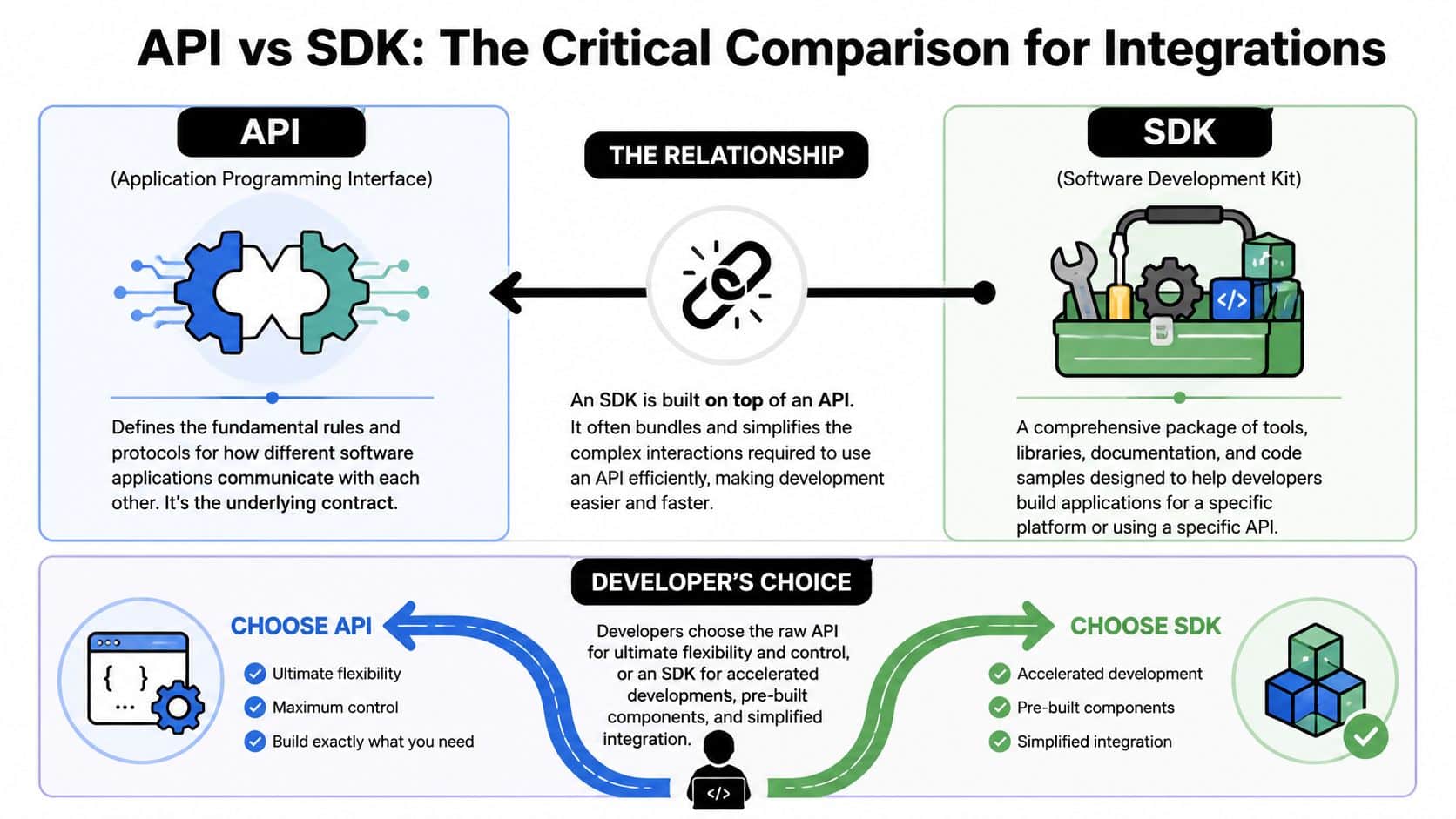 A diagram comparing API and SDK, illustrating their relationship and how developers choose between them for software integration.